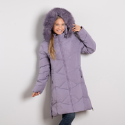 Лилаво дамско дълго ватирано зимно яке с качулка и пух – модел Lдо4XL