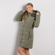 Маслено зелено дамско дълго зимно яке с махаща се качулка и декоративен пух М–3XL