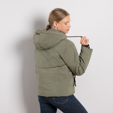 Маслено зелено дамско зимно яке с махаща се качулка и ластични ръкави