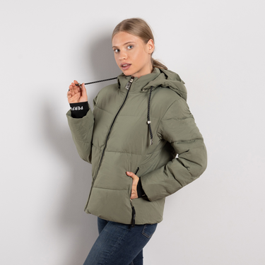Маслено зелено дамско зимно яке с махаща се качулка и ластични ръкави