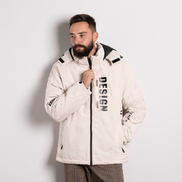 Мъжко светло ватирано яке с качулка и надпис – модерно зимно яке в бежов цвят с топла подплата