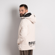 Мъжко светло ватирано яке с качулка и надпис – модерно зимно яке в бежов цвят с топла подплата