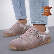 Розови дамски кецове от естествена кожа със страничен цип и удобна подметка