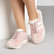 Розови дамски маратонки от естествена кожа с бежови детайли и стабилна подметка