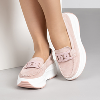 Розови дамски мокасини от естествен велур на платформа