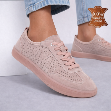 Розови дамски обувки от естествена кожа с перфорация – меки и удобни