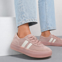 Розови кецове от естествена кожа с дебели подметки и бели акценти