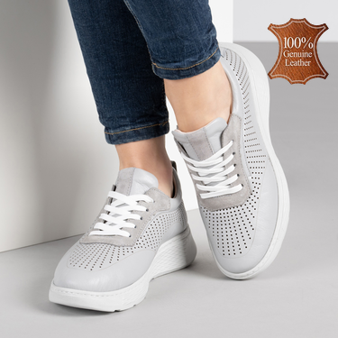 Сиви дамски кожени маратонки с перфорация и шита олекотена подметка