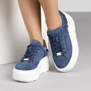 Сини дамски кецове от естествен велур с дишащ дизайн на платформа