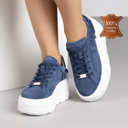 Сини дамски кецове от естествен велур с дишащ дизайн на платформа