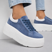 Сини дамски кецове от естествен велур с перфорация и висока платформа