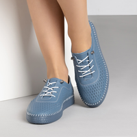 Сини дамски кожени обувки с ортопедично ходило, ластични връзки и перфорация