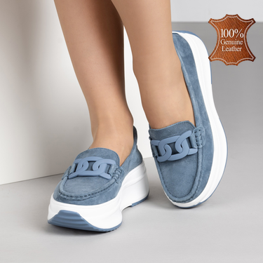 Сини дамски мокасини от естествен велур на платформа