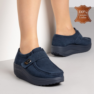 Сини дамски обувки от естествен велур с Walkmaxx подметка и велкро