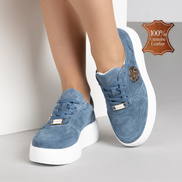 Сини дамски обувки от естествена кожа с олекотена подметка и златиста катарама