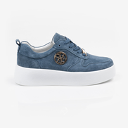 Сини дамски обувки от естествена кожа с олекотена подметка и златиста катарама