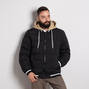 Стилно черно мъжко яке със сваляща се качулка и елегантни бели кантове