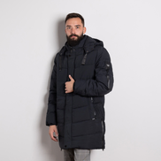 Тъмно синьо мъжко дълго ватирано яке с качулка – тип парка, топло и удобно за зимата