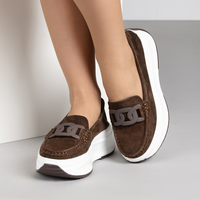 Тъмнокафяви дамски мокасини от естествен велур на платформа