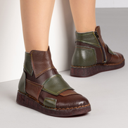 Удобни дамски боти със цип и зелени/кафяви детайли