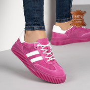 Цикламени дамски кецове от естествена кожа с декоративна перфорация и удобна подметка