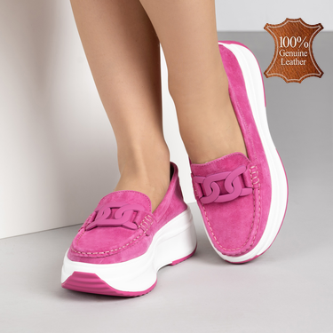 Цикламени дамски мокасини от естествен велур на платформа