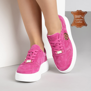 Цикламени дамски обувки от естествена кожа с олекотена подметка и златиста катарама