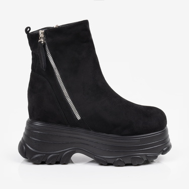 Черни дамски боти с декоративен сребърен цип и олекотена платформа