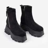 Черни дамски боти с декоративен сребърен цип и олекотена платформа