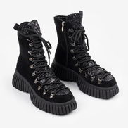 Черни дамски боти с камъни и връзки – елегантен блясък за зимата