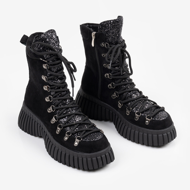 Черни дамски боти с камъни и връзки – елегантен блясък за зимата