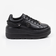 Черни дамски кецове от естествена кожа с олекотена платформа и сребрист детайл