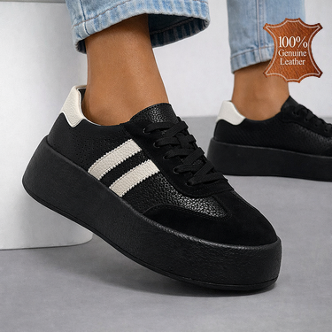 Черни дамски кожени кецове с перфорация и олекотена подметка – удобство и стил за всеки ден