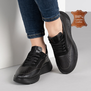 Черни дамски кожени маратонки с перфорация и шита олекотена подметка