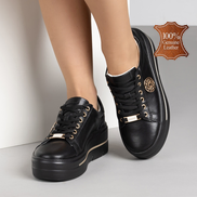 Черни дамски обувки от естествена кожа със златисти орнаменти и олекотена подметка