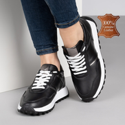 Черни дамски спортни обувки от естествена кожа със сребристи акценти и ортопедично ходило