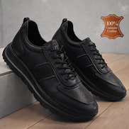 Черни мъжки кожени обувки с ортопедично ходило и ластични връзки – комфорт през целия ден