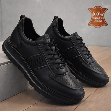 Черни мъжки кожени обувки с ортопедично ходило и ластични връзки – комфорт през целия ден