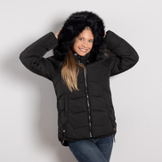 Черно дамско ватирано зимно яке с махаща се качулка и декоративен пух