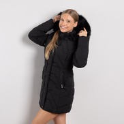 Черно дамско дълго ватирано зимно яке с махаща се качулка и пух-топъл и модерен модел