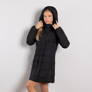 Черно дамско дълго ватирано яке с качулка и връзки – модел и удобни джобове с цип Sdo2XL