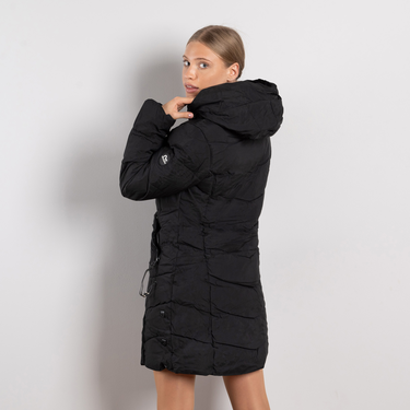 Черно дамско дълго ватирано яке с качулка и връзки – модел и удобни джобове с цип Sdo2XL