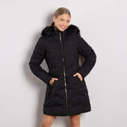 Черно дамско дълго зимно яке с махаща се качулка и декоративен пух М–3XL