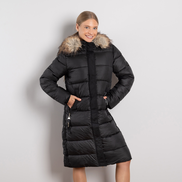 Черно дълго дамско зимно яке с махаща се качулка и пух Mдо3XL