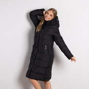 Черно дълго дамско яке с вата и стилна декорация на качулката