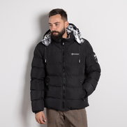 Черно мъжко ватирано яке с качулка и декоративни детайли