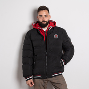 Черно мъжко ватирано яке със спортни акценти и червена подплата на качулката